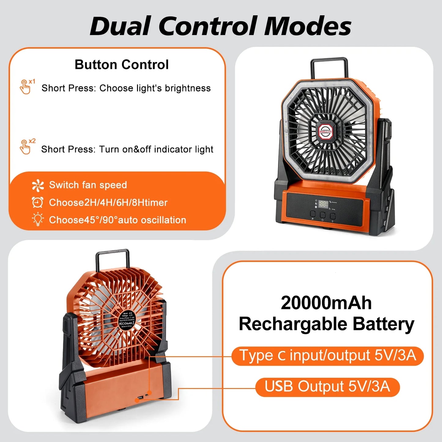 20,000mAh Portable Fan — Hook for Camping, Office & Travel