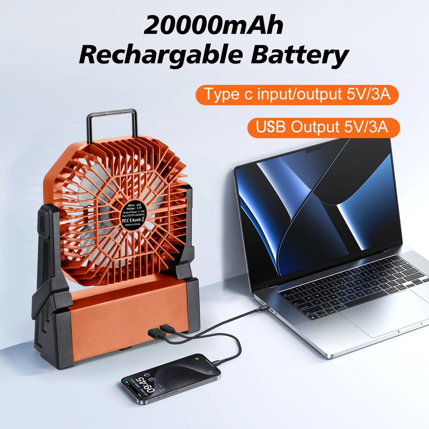 20,000mAh Portable Fan — Hook for Camping, Office & Travel
