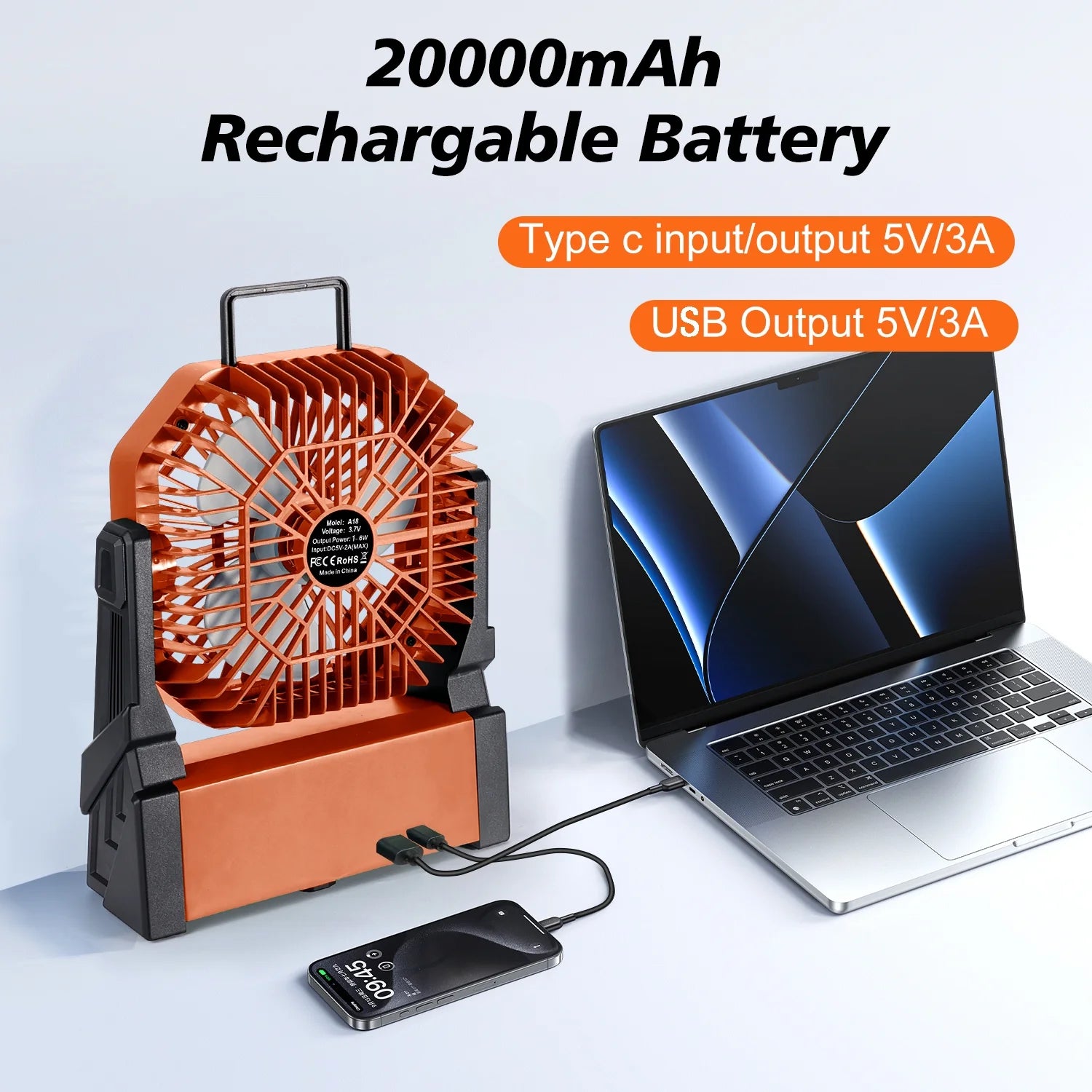 20,000mAh Portable Fan — Hook for Camping, Office & Travel
